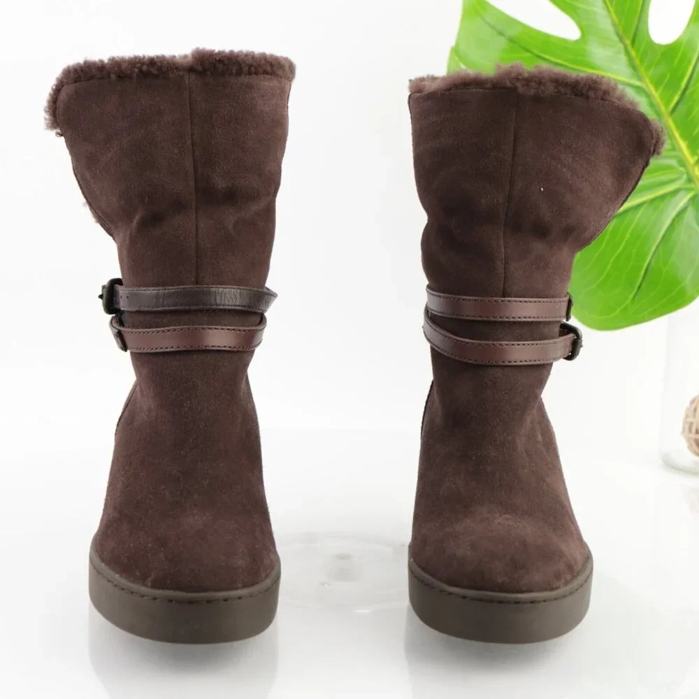 Coach Womens Norell Boots Size 6.5 Brown Suede Hidden Wedge Sherpa Lined Booties